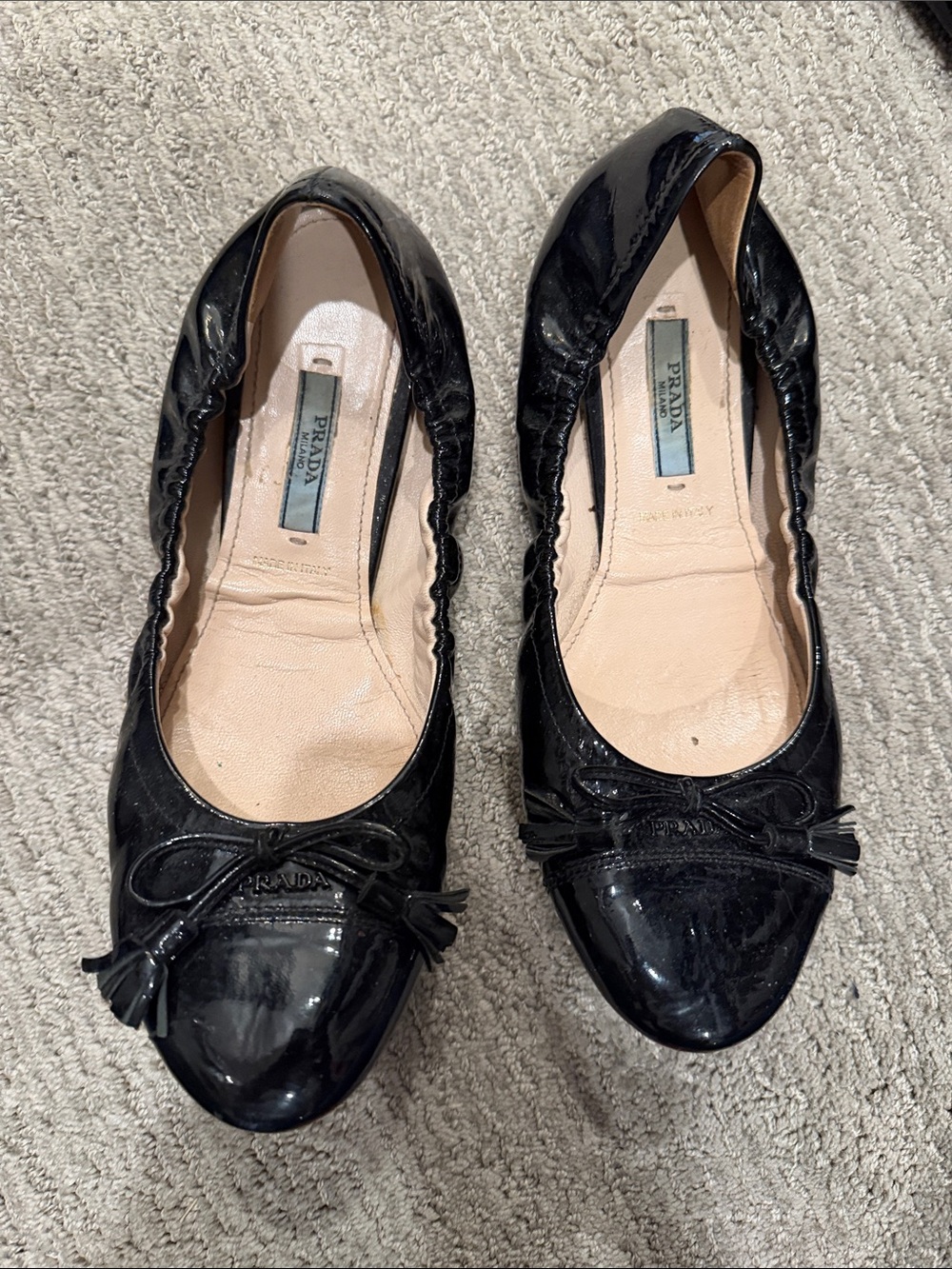 Prada Black Patent Leather Bow Ballet Flats